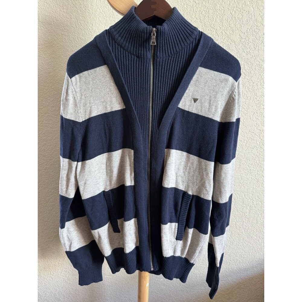 NWT GUESS Blue & Gray Wide Stripe full zip mock neck men cardigan sz M pockets